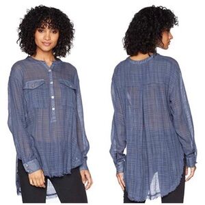 Free People Talk To Me Popever Blue Button-Up Top Size Small